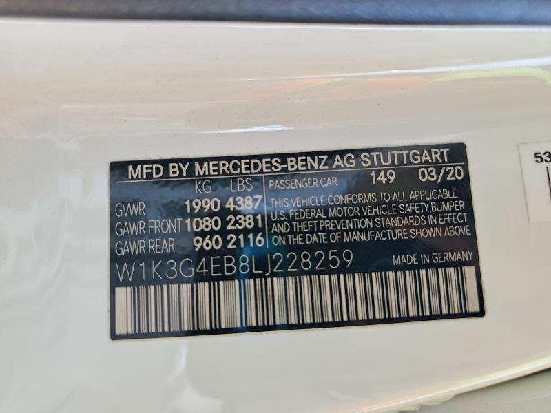 65176646 :رقم المزاد ، W1K3G4EB8LJ228259 vin ، 2020 Mercedes-benz A مزاد بيع