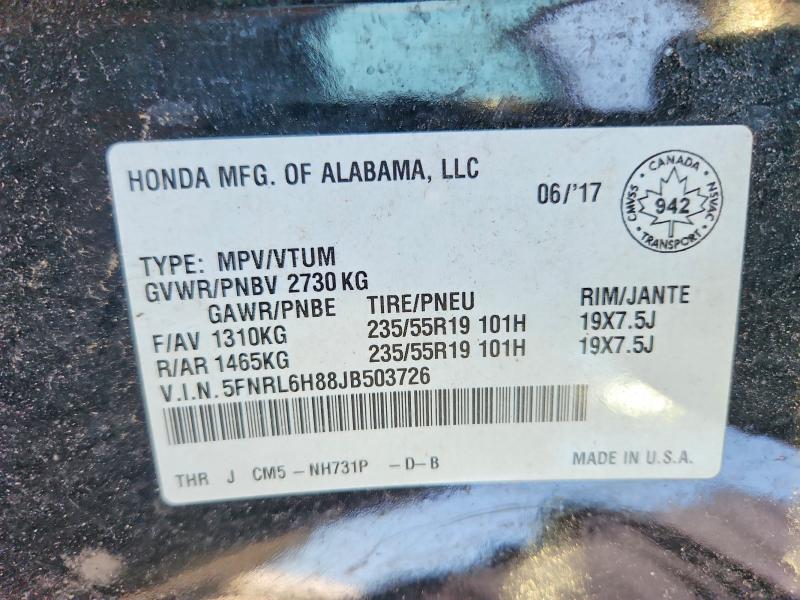 2018 Honda Odyssey მანქანა იყიდება აუქციონზე, vin: 5FNRL6H88JB503726, აუქციონის ნომერი: 62482386