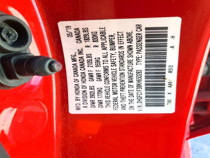 65271756 :رقم المزاد ، 2HGFC1F38KH650283 vin ، 2019 Honda Civic مزاد بيع