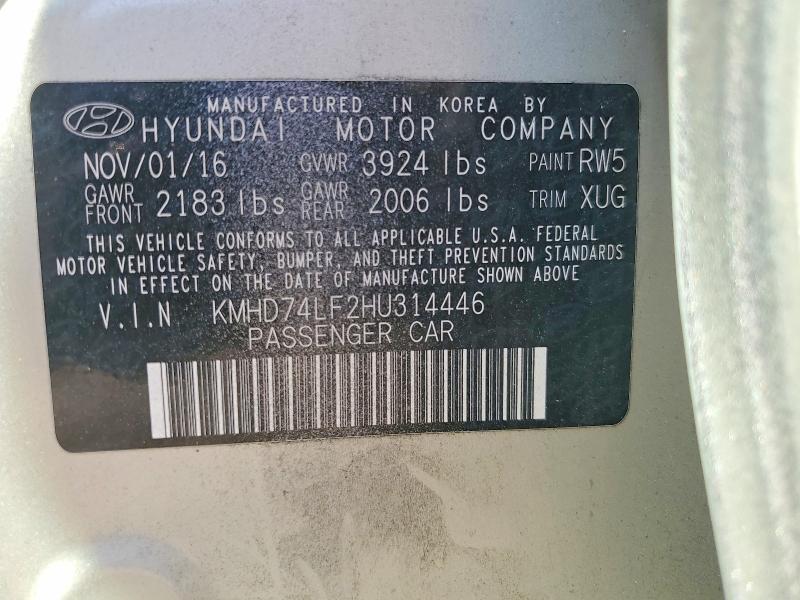 2017 Hyundai Elantra მანქანა იყიდება აუქციონზე, vin: KMHD74LF2HU314446, აუქციონის ნომერი: 63037546
