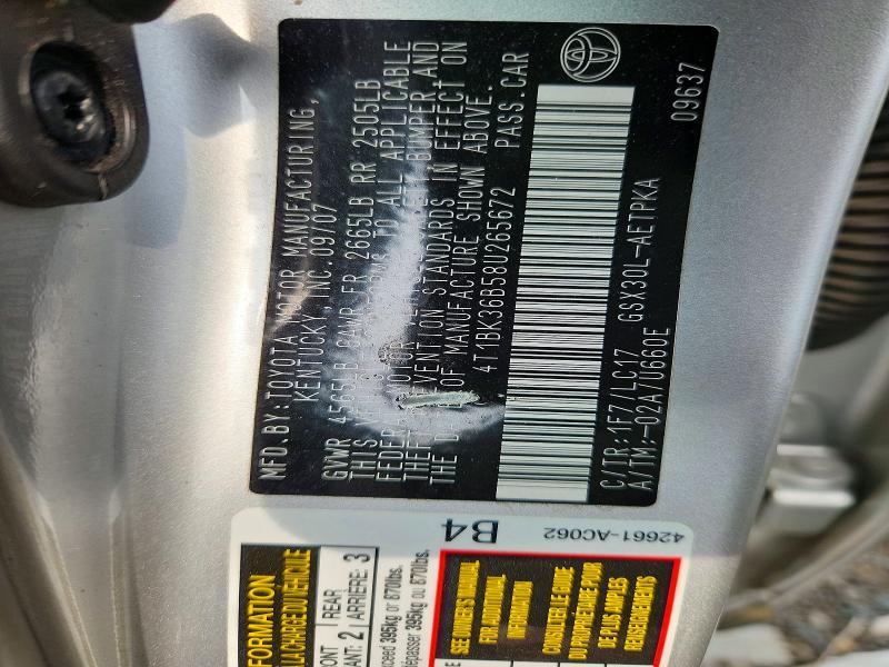 65632566 :رقم المزاد ، 4T1BK36B58U265672 vin ، 2008 Toyota Avalon مزاد بيع