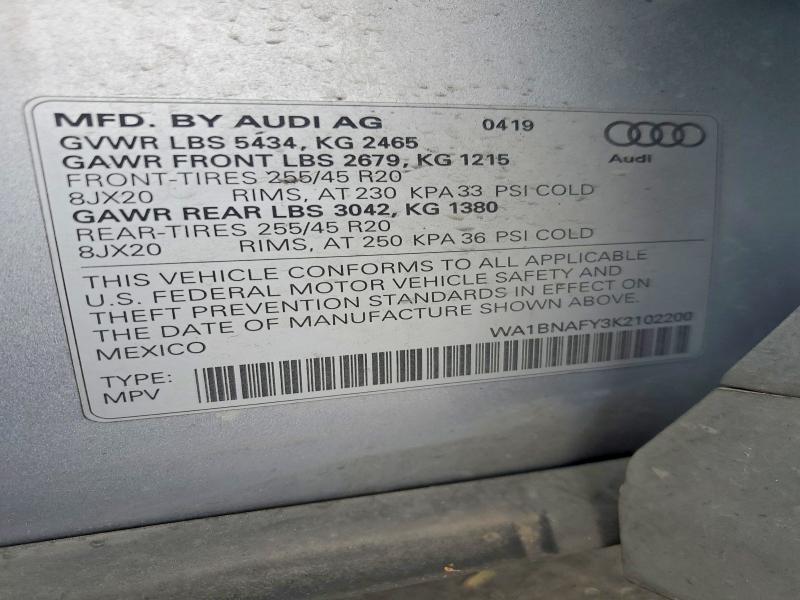 2019 Audi Q5 მანქანა იყიდება აუქციონზე, vin: WA1BNAFY3K2102200, აუქციონის ნომერი: 66962296