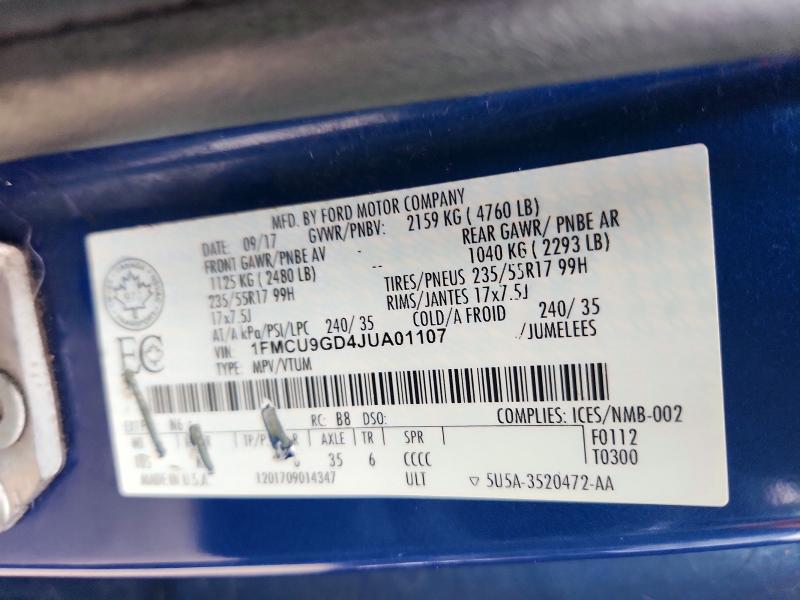63699946 :رقم المزاد ، 1FMCU9GD4JUA01107 vin ، 2018 Ford Escape مزاد بيع