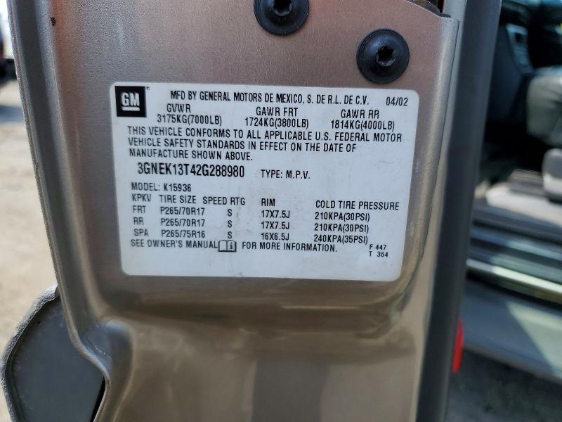2002 Chevrolet Avalanche მანქანა იყიდება აუქციონზე, vin: 3GNEK13T42G288980, აუქციონის ნომერი: 64312996