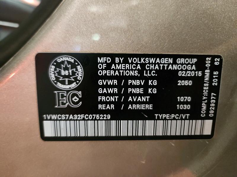 Продажа на аукционе авто 2015 Volkswagen Passat, vin: 1VWCS7A32FC075229, номер лота: 64141176