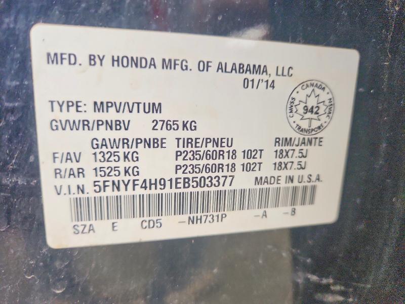 Auction sale of the 2014 Honda Pilot, vin: 5FNYF4H91EB503377, lot number: 63244106