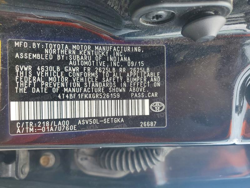 2016 Toyota Camry მანქანა იყიდება აუქციონზე, vin: 4T4BF1FKXGR526159, აუქციონის ნომერი: 67065816