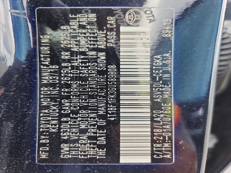 2016 Toyota Camry მანქანა იყიდება აუქციონზე, vin: 4T1BF1FK3GU589808, აუქციონის ნომერი: 64031416