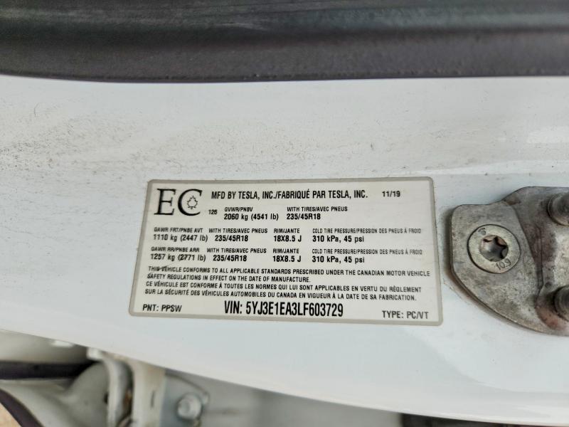 2020 Tesla Model 3 მანქანა იყიდება აუქციონზე, vin: 5YJ3E1EA3LF603729, აუქციონის ნომერი: 63197166
