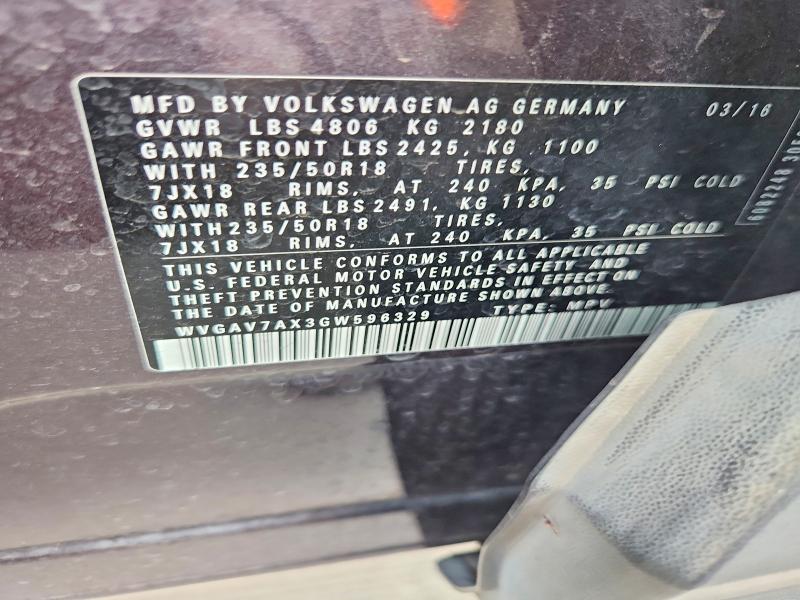 2016 Volkswagen Tiguan მანქანა იყიდება აუქციონზე, vin: WVGAV7AX3GW596329, აუქციონის ნომერი: 63259626