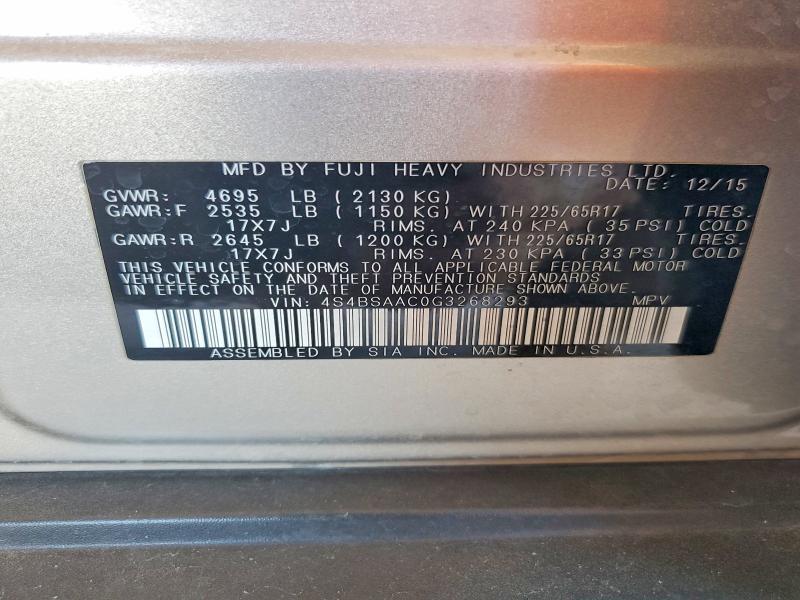 Продаж на аукціоні авто 2016 Subaru Outback, vin: 4S4BSAAC0G3268293, номер лоту: 66216636