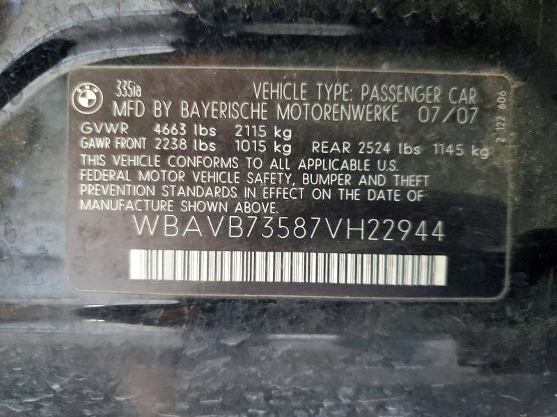 Продажа на аукционе авто 2007 Bmw 335, vin: WBAVB73587VH22944, номер лота: 66444856