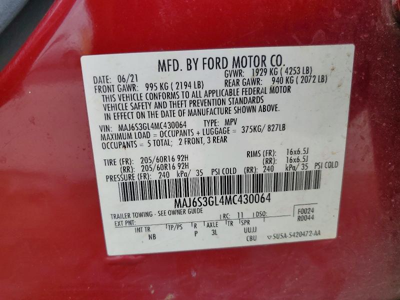Продаж на аукціоні авто 2021 Ford Ecosport, vin: MAJ6S3GL4MC430064, номер лоту: 65848206