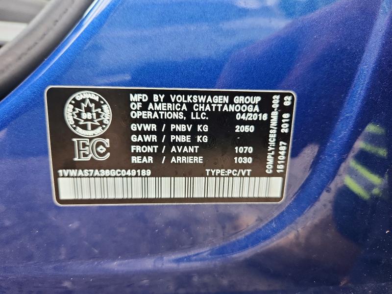 Продажа на аукционе авто 2016 Volkswagen Passat, vin: 1VWAS7A36GC049189, номер лота: 63544916