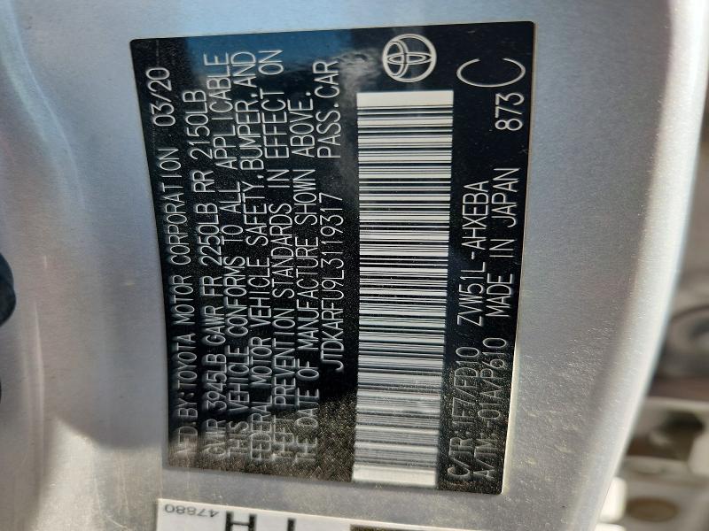 Aukcja sprzedaży 2020 Toyota Prius, vin: JTDKARFU9L3119317, numer aukcji: 64642786