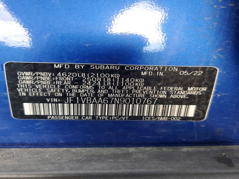 Продаж на аукціоні авто 2022 Subaru Wrx, vin: JF1VBAA67N9010767, номер лоту: 66969756