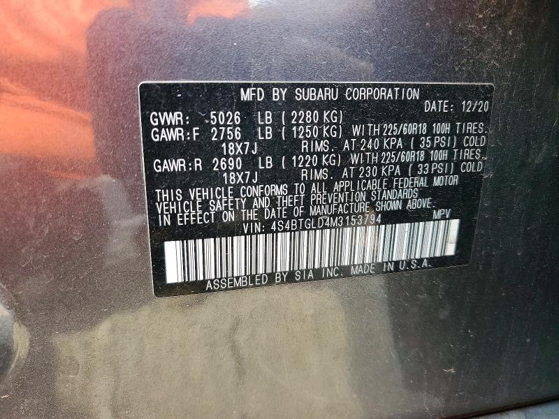 Aukcja sprzedaży 2021 Subaru Outback, vin: 4S4BTGLD4M3153794, numer aukcji: 64594536