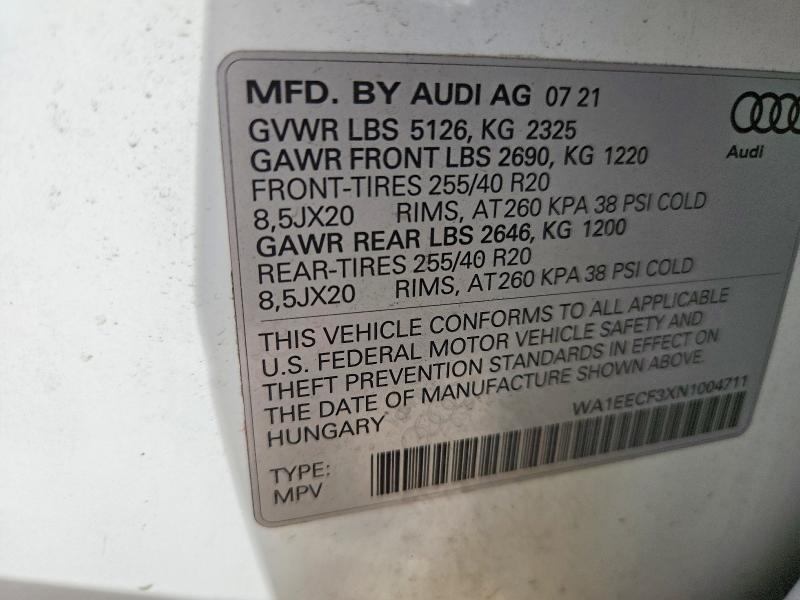 2022 Audi Q3 მანქანა იყიდება აუქციონზე, vin: WA1EECF3XN1004711, აუქციონის ნომერი: 64109696
