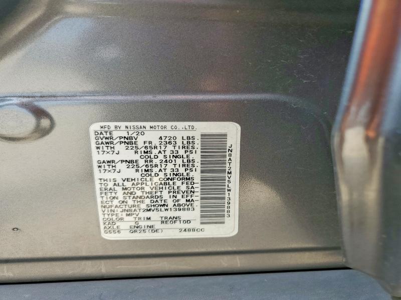 64295456 :رقم المزاد ، JN8AT2MV5LW139883 vin ، 2020 Nissan Rogue مزاد بيع