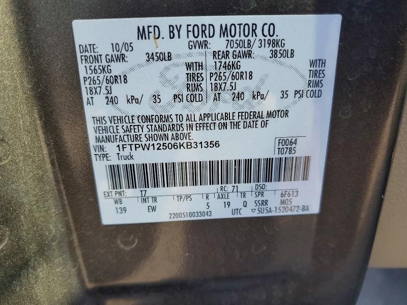 Продаж на аукціоні авто 2006 Ford F150, vin: 1FTPW12506KB31356, номер лоту: 63919666