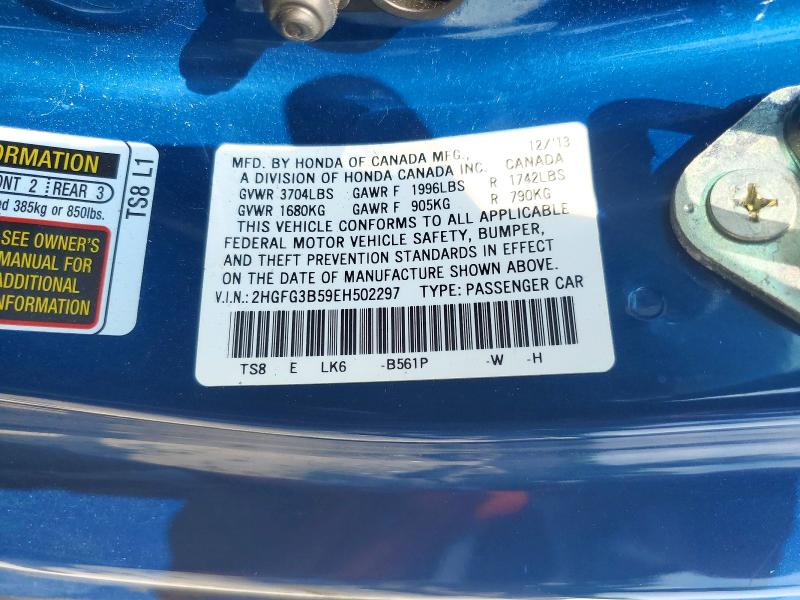 Aukcja sprzedaży 2014 Honda Civic, vin: 2HGFG3B59EH502297, numer aukcji: 64796816