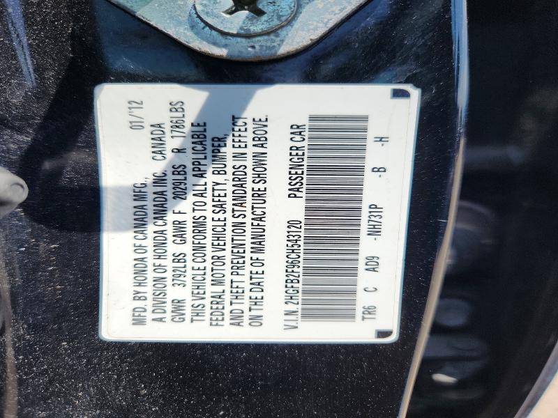 Продаж на аукціоні авто 2012 Honda Civic, vin: 2HGFB2F96CH543120, номер лоту: 66991036