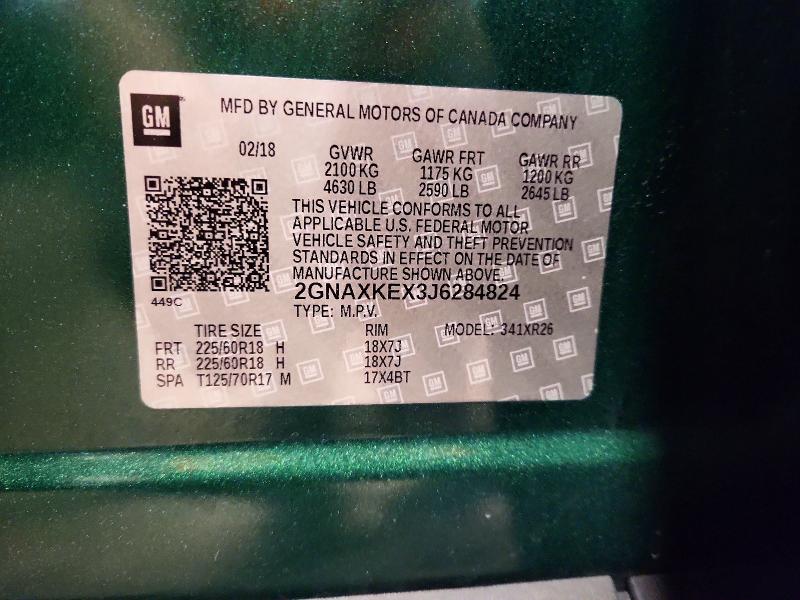 2018 Chevrolet Equinox მანქანა იყიდება აუქციონზე, vin: 2GNAXKEX3J6284824, აუქციონის ნომერი: 63420066