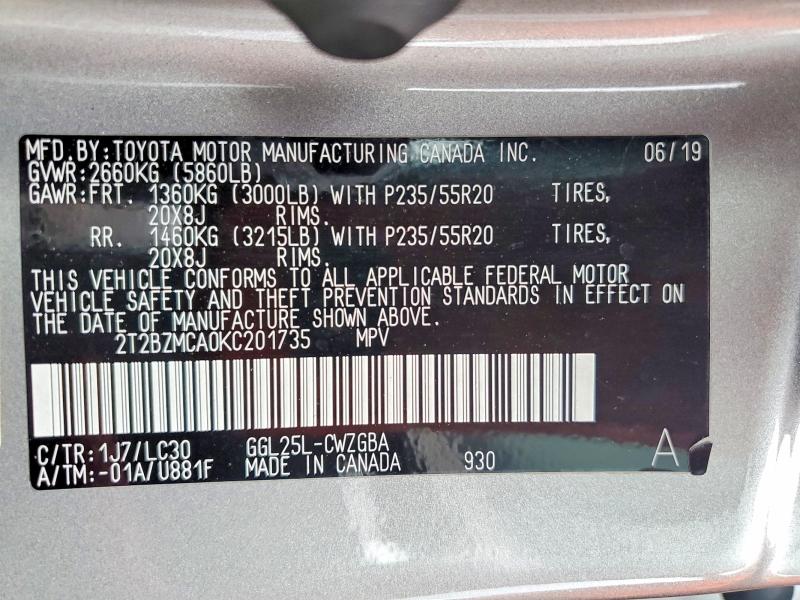 Aukcja sprzedaży 2019 Lexus Rx 350, vin: 2T2BZMCA0KC201735, numer aukcji: 66972286