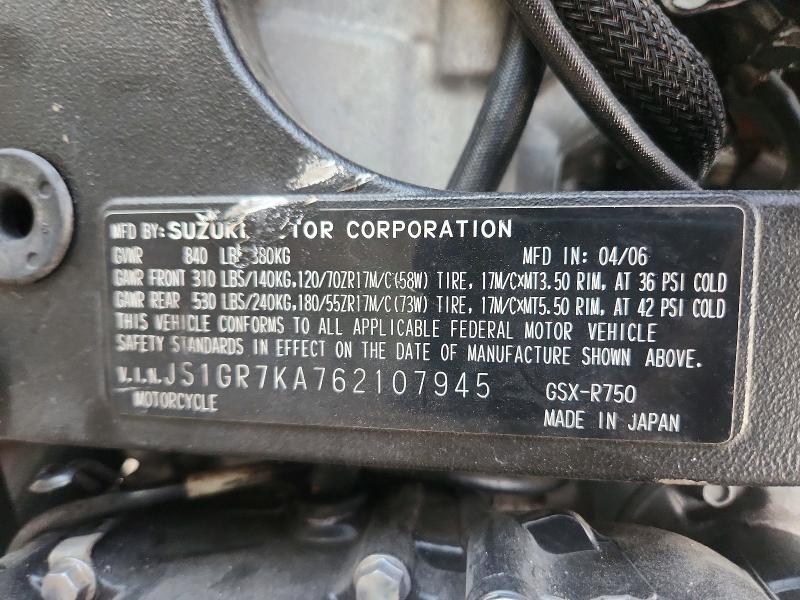 Продаж на аукціоні авто 2006 Suzuki Gsx-r750, vin: JS1GR7KA762107945, номер лоту: 66613196