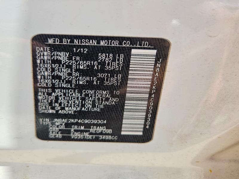 Aukcja sprzedaży 2012 Nissan Quest, vin: JN8AE2KP4C9039304, numer aukcji: 65270646