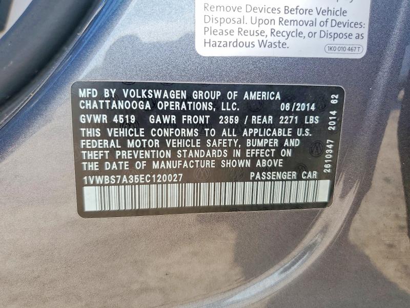 Продажа на аукционе авто 2014 Volkswagen Passat, vin: 1VWBS7A35EC120027, номер лота: 65870666