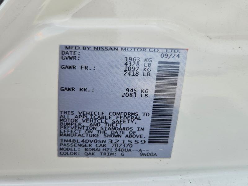 2025 Nissan Altima მანქანა იყიდება აუქციონზე, vin: 1N4BL4DV0SN321559, აუქციონის ნომერი: 64604376
