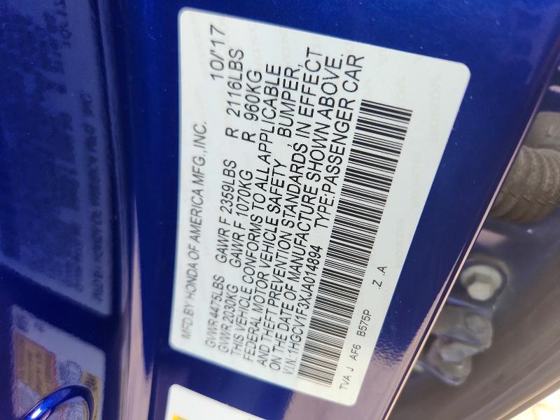 2018 Honda Accord მანქანა იყიდება აუქციონზე, vin: 1HGCV1F3XJA014894, აუქციონის ნომერი: 65375266