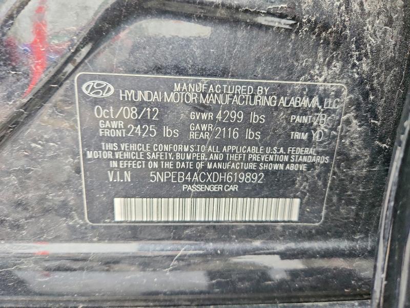 63259486 :رقم المزاد ، 5NPEB4ACXDH619892 vin ، 2013 Hyundai Sonata مزاد بيع