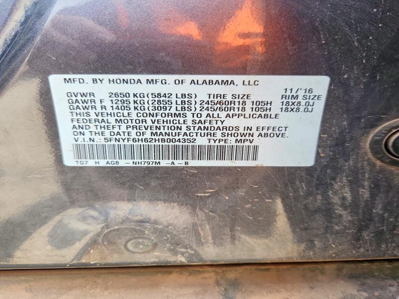 2017 Honda Pilot მანქანა იყიდება აუქციონზე, vin: 5FNYF6H62HB004352, აუქციონის ნომერი: 63768696
