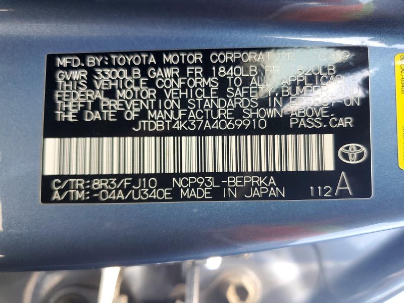 Aukcja sprzedaży 2010 Toyota Yaris, vin: JTDBT4K37A4069910, numer aukcji: 63297236