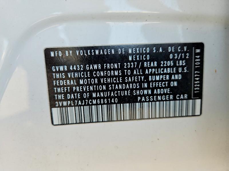 2012 Volkswagen Jetta მანქანა იყიდება აუქციონზე, vin: 3VWPL7AJ7CM686140, აუქციონის ნომერი: 66429546