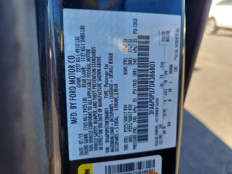 66116736 :رقم المزاد ، 3FA6P0PU7DR386801 vin ، 2013 Ford Fusion مزاد بيع