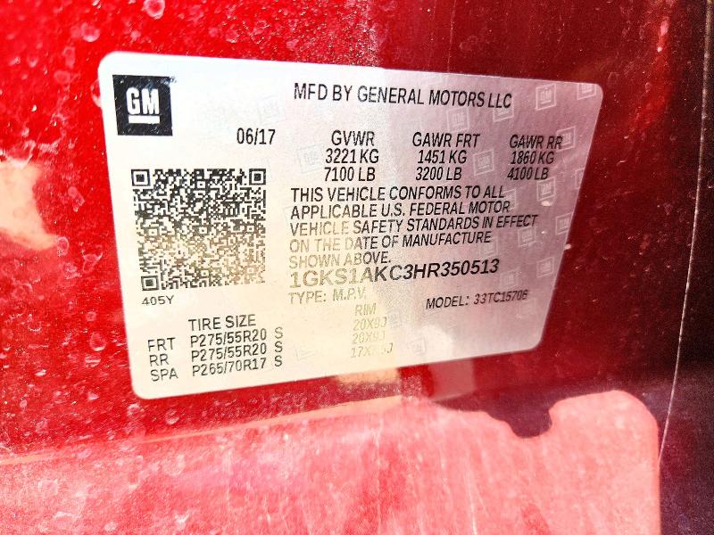 64954906 :رقم المزاد ، 1GKS1AKC3HR350513 vin ، 2017 Gmc Yukon مزاد بيع