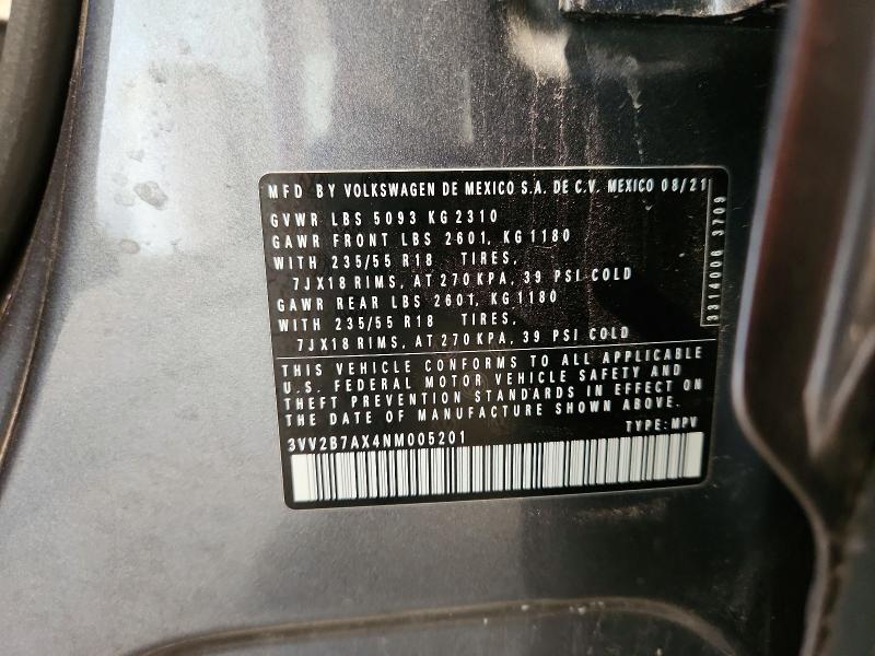 2022 Volkswagen Tiguan მანქანა იყიდება აუქციონზე, vin: 3VV2B7AX4NM005201, აუქციონის ნომერი: 64109886