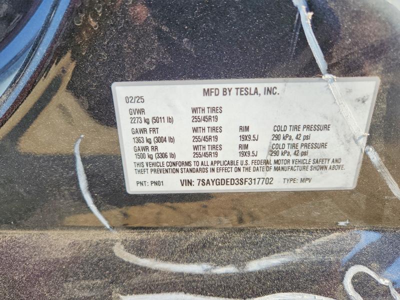 66390586 :رقم المزاد ، 7SAYGDED3SF317702 vin ، 2025 Tesla Model Y مزاد بيع