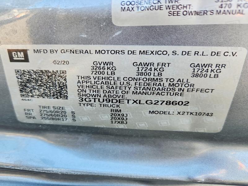 2020 Gmc Sierra მანქანა იყიდება აუქციონზე, vin: 3GTU9DETXLG278602, აუქციონის ნომერი: 64624276