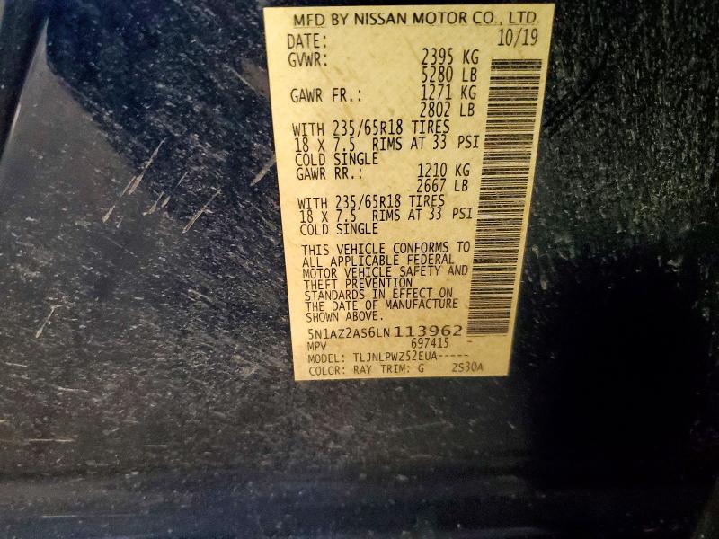 2020 Nissan Murano მანქანა იყიდება აუქციონზე, vin: 5N1AZ2AS6LN113962, აუქციონის ნომერი: 66576596