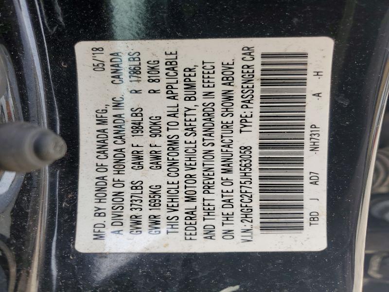 Auction sale of the 2018 Honda Civic, vin: 2HGFC2F75JH563058, lot number: 63673716