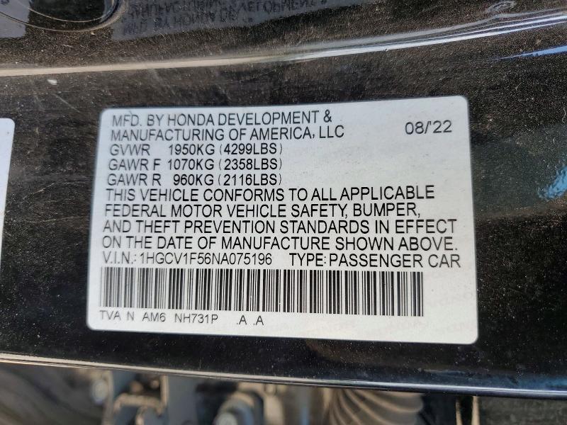 63753806 :رقم المزاد ، 1HGCV1F56NA075196 vin ، 2022 Honda Accord مزاد بيع