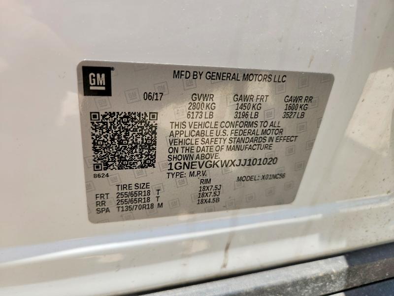 Aukcja sprzedaży 2018 Chevrolet Traverse, vin: 1GNEVGKWXJJ101020, numer aukcji: 62493636