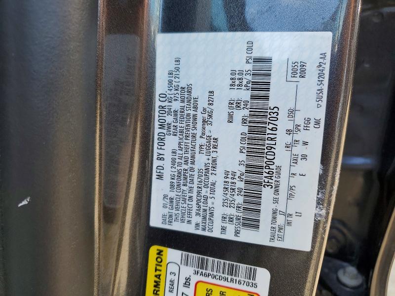2020 Ford Fusion მანქანა იყიდება აუქციონზე, vin: 3FA6P0CD9LR167035, აუქციონის ნომერი: 65950516