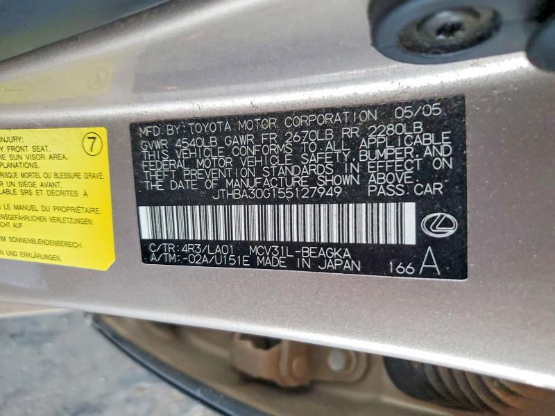 65597896 :رقم المزاد ، JTHBA30G155127949 vin ، 2005 Lexus Es مزاد بيع