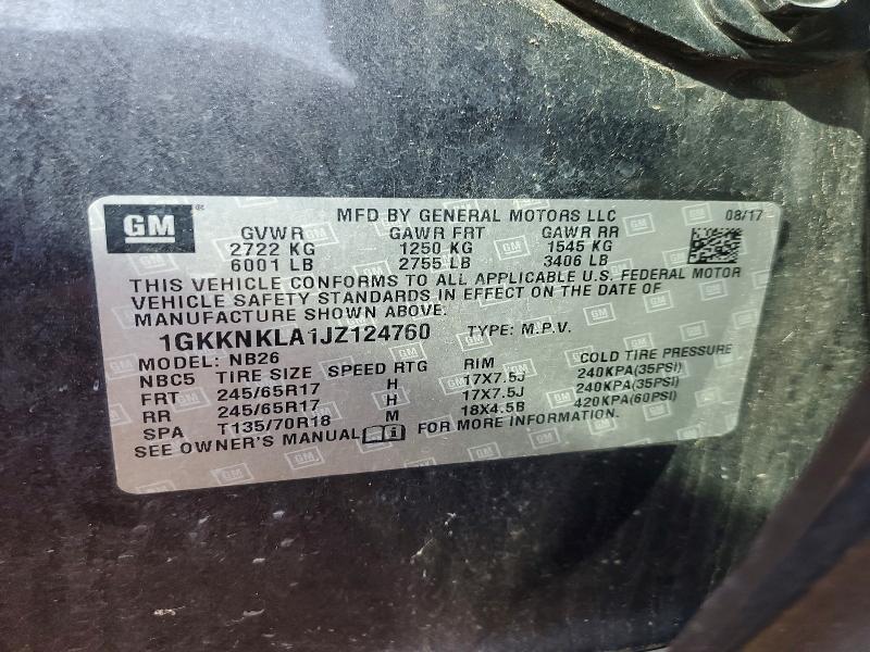 67167036 :رقم المزاد ، 1GKKNKLA1JZ124760 vin ، 2018 Gmc Acadia مزاد بيع