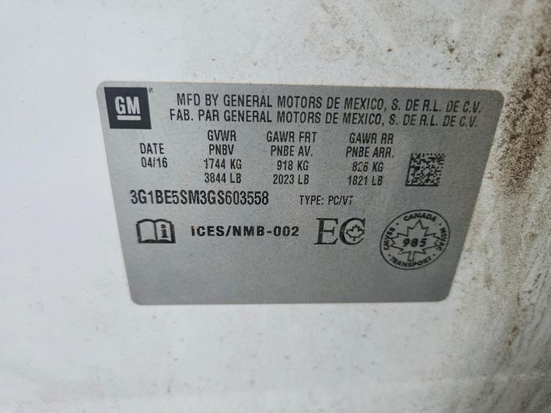 2016 Chevrolet Cruze მანქანა იყიდება აუქციონზე, vin: 3G1BE5SM3GS603558, აუქციონის ნომერი: 66618436